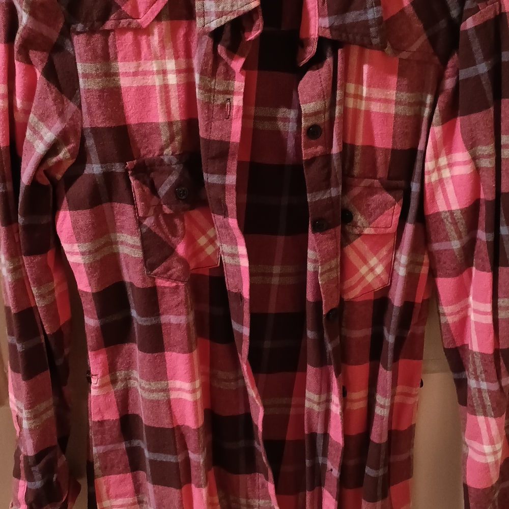 Pink and Brown Plaid Flannel Shirt